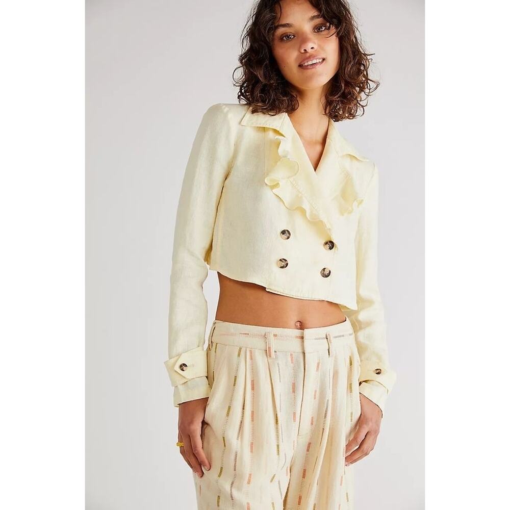 Free People Light Yellow Linen Crossover Back Bennie Crop Blazer Size Small
